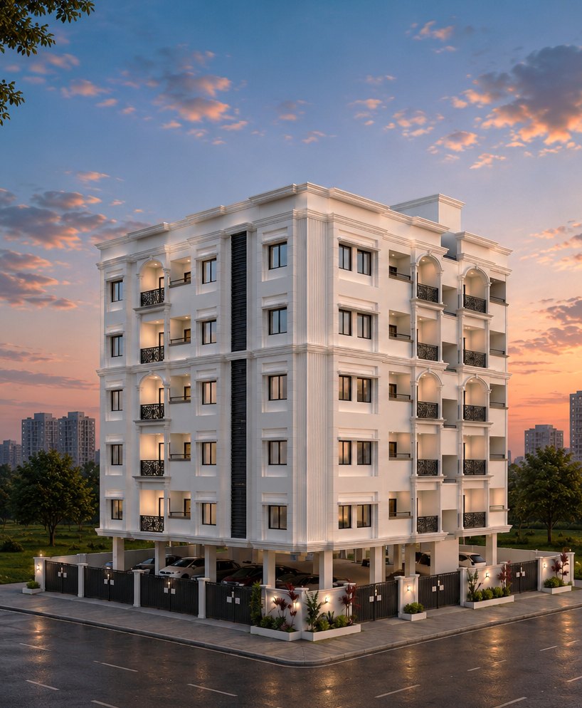 Mohammed Ali Fort at dusk: a five-storey white apartment building with balconies and a dark stair core, seen from the corner of two roads