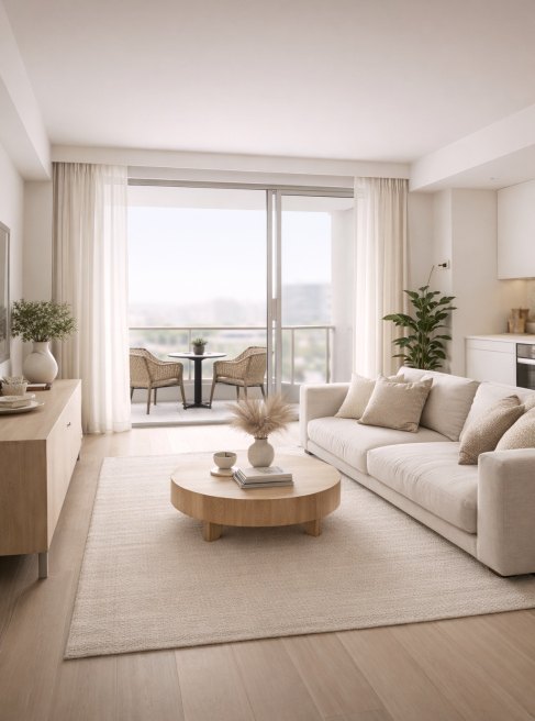 A bright living room in cream and pale wood, with sheer curtains drawn back from a balcony door