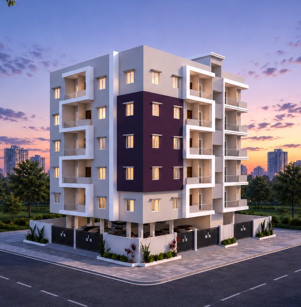 Fateh Residence, a five-storey apartment building with a deep plum facade panel, at dusk