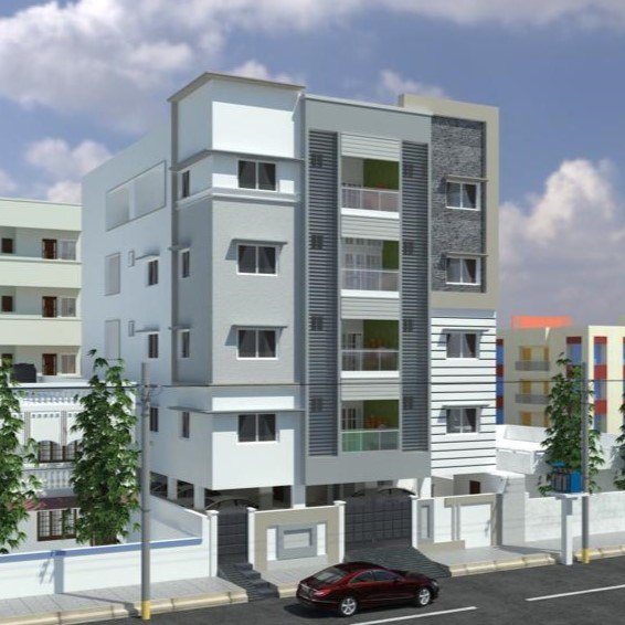 Razvi Abode, a white and grey apartment building seen from the street