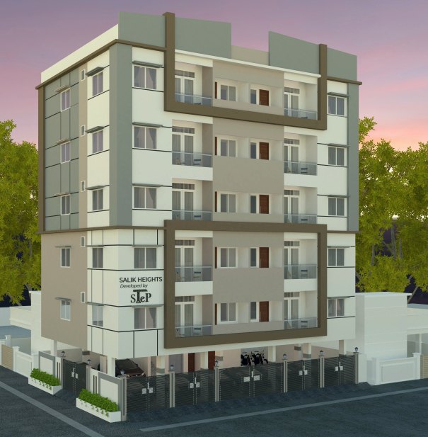 Salik Heights, a five-storey building in olive and sand tones with its name board over the entrance